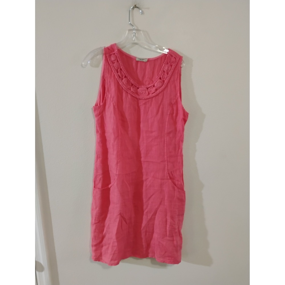 Lungo L'Arno Pink Linen Sleeveless Shift Dress Rosette Neckline Pockets Medium